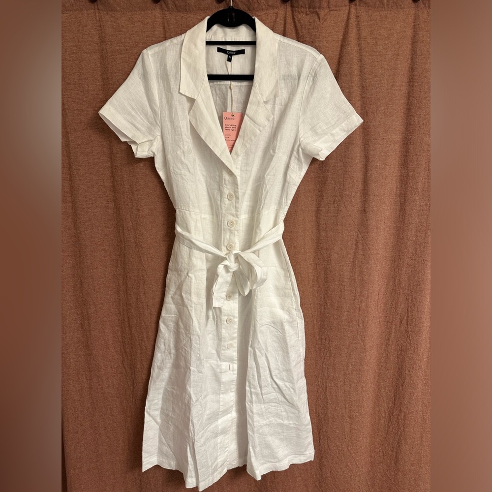 NWT Quince Size Medium White 100% European Linen Button Front Dress